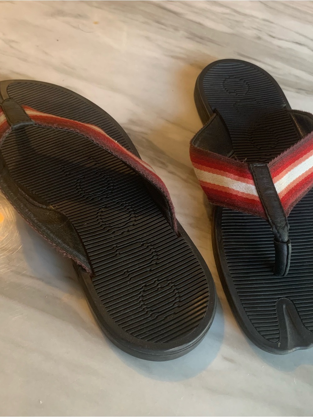 Gucci Black Sandal Flip-Flops with Red and White Striped Strap